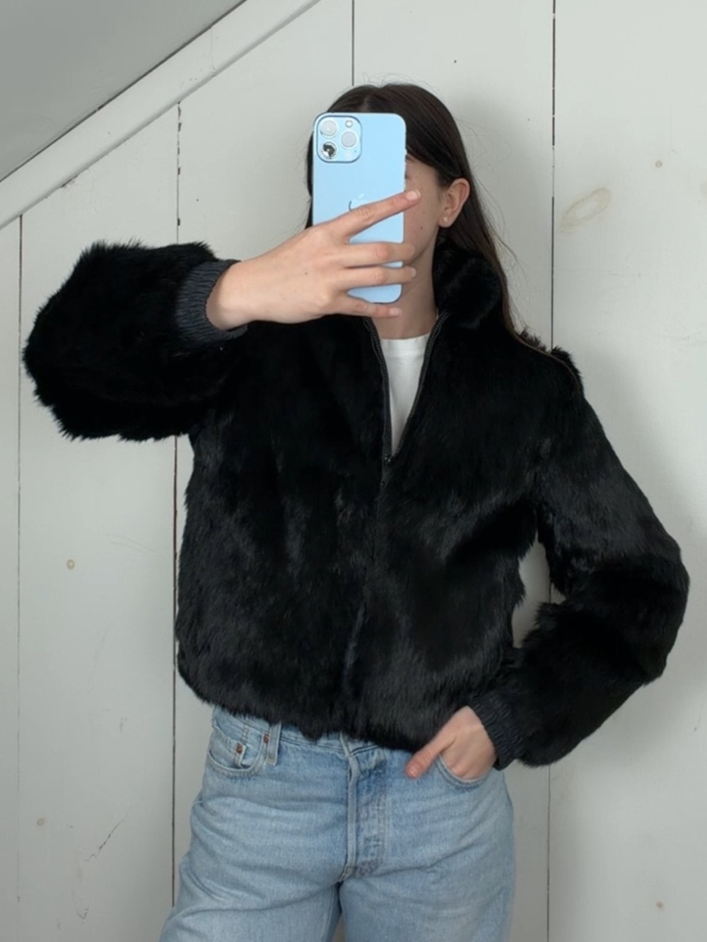 Vintage Black Genuine Rabbit Fur Full Zip Reversible Bomber Jacket Women’s M